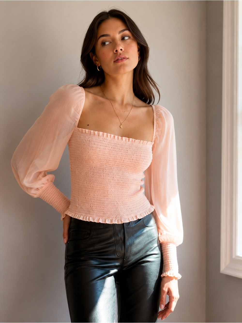 Wilfred Aritzia Saga Blouse XXS Soft Blush Pink Smocked Puff Sleeve Top